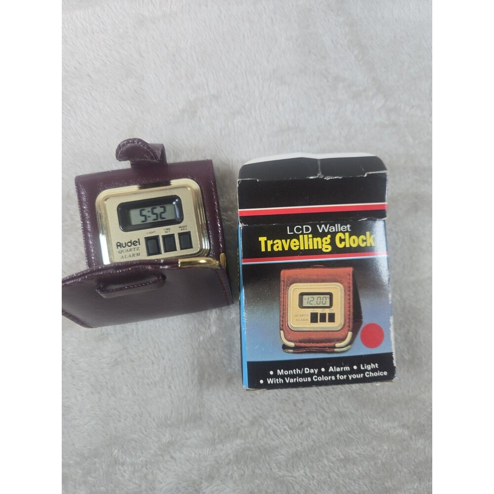 Vintage LCD Wallet Travelling Clock Brown Leather Quartz Alarm Pocket Tested